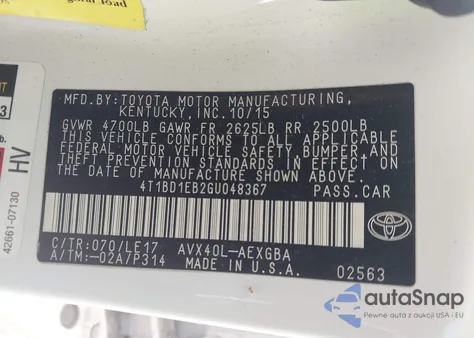 2016 Toyota Avalon Hybrid Xle Premium из США, поврежденный, VIN 4T1BD1EB2GU048367